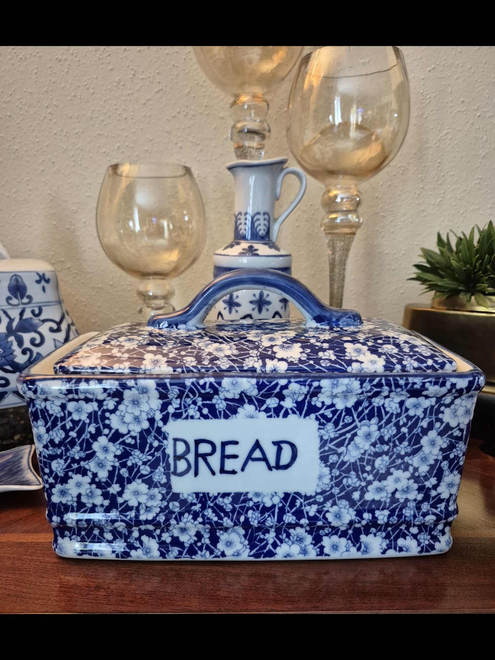 Vintage Victorian Blue & White Floral Ceramic Bread Box with Lid